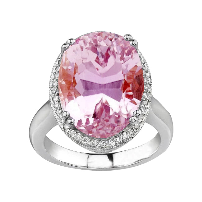 Big Pink Kunzite With Natural Earth Mined Diamonds 30.75 Ct Wedding Ring Gold White 14K