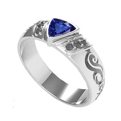 Black Diamond Mens Ring Bezel Set Blue Sapphire Antique Style 1.50 Ct