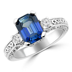 Blue Emerald Cut Sapphire And Diamond 3 Stone Ring 2.50 Carats Gold