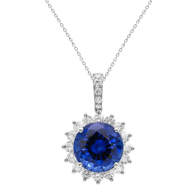 Blue Sapphire And Natural Earth Mined Diamonds Pendant Necklace 8.40 Carats White Gold 14K