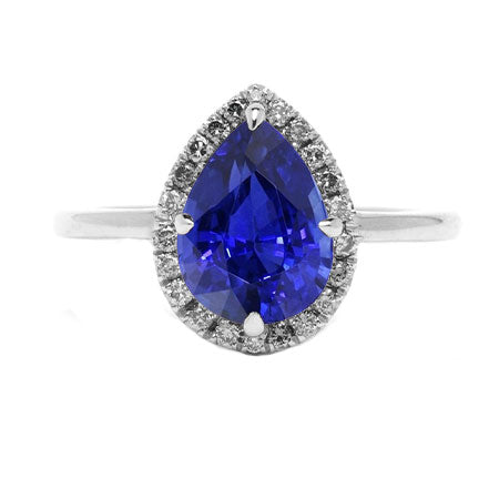Blue Sapphire Halo Pear Engagement Ring 3 Carats 14K White Gold