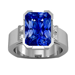 Blue Sapphire Mens Ring 4 Carats Bar Set Gold Princess Diamonds