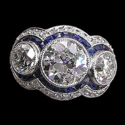 Blue Sapphire Old Cut Round Natural Earth Mined Diamond Ring 3 Stone Style 6 Carats