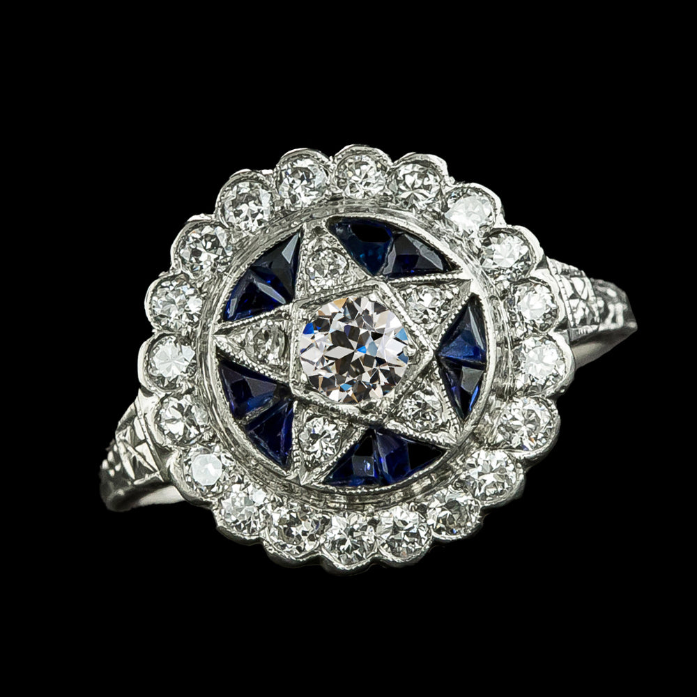 Blue Sapphire Old Cut Round Diamond Ring