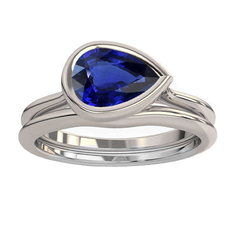 Blue Sapphire Wedding Ring Set 1.50 Ct Pear Cut Bezel