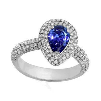 Blue Sapphire Center Pear Round Natural Earth Mined Diamond Ring 2.30 Carat White Gold 14K
