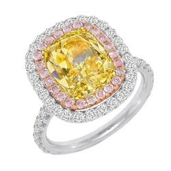 Canary Yellow Cushion Diamond Halo Ring With Pink Sapphires