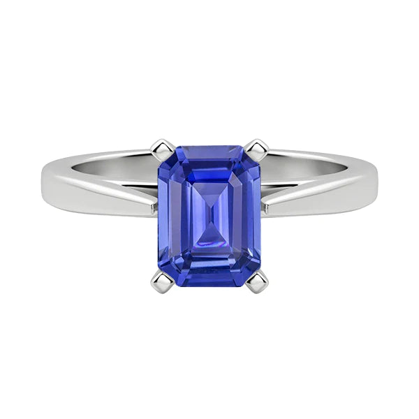 High Quality Fancy Sparkling  Cathedral Setting Ceylon Sapphire Solitaire Emerald Shaped Ring