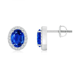 Ceylon Blue Sapphire Stud Natural Earth Mined Diamond Earring Gold 14K 3.40 Carats