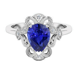 Ceylon Pear Sapphire Ring 2.25 Carats Milgrain Shank Diamonds