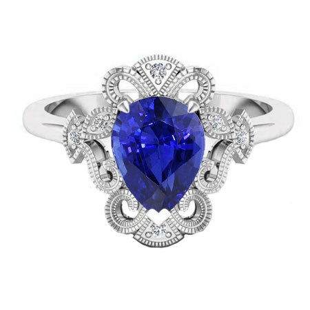 Ceylon Pear Sapphire Ring 2.25 Carats Milgrain Shank Diamonds