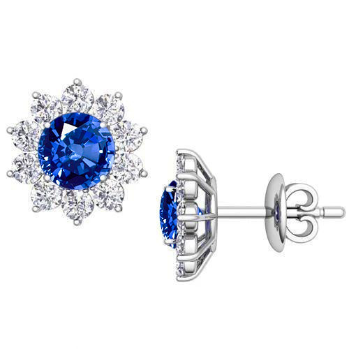 Ceylon Sapphire Halo Diamond Stud Earrings  Fancy Princess Cut Style  White Gold