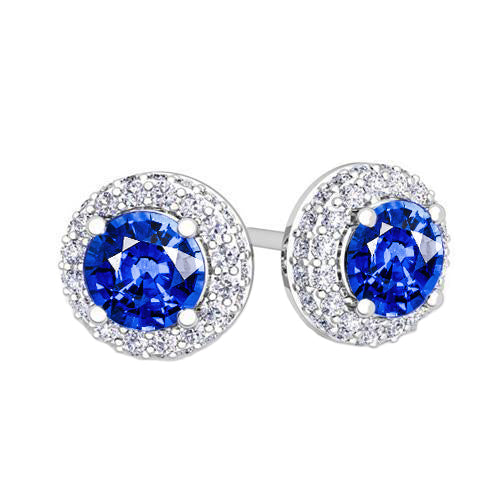 Ceylon Sapphire Halo Diamond Stud Earrings  Fancy Princess Cut Style   White Gold
