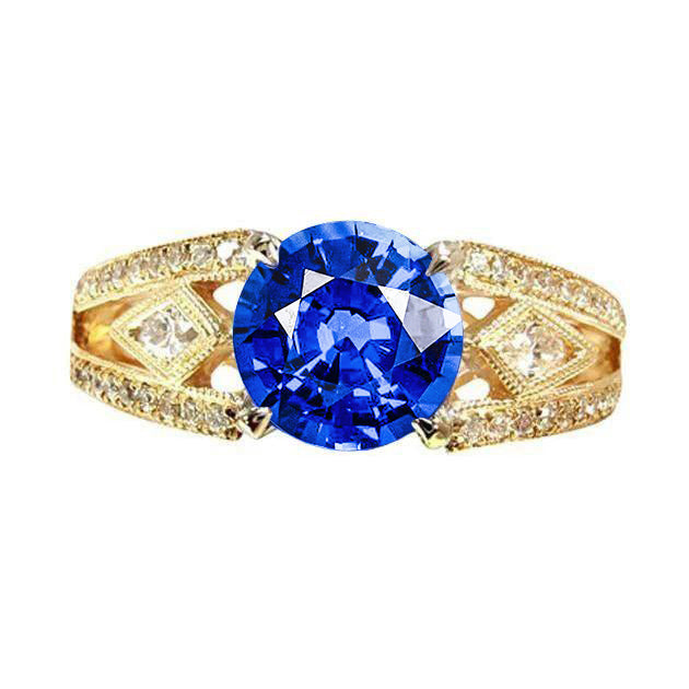 Ceylon Sapphire Sparkling Unique Lady’s  Round Diamonds  Ring Antique Style  