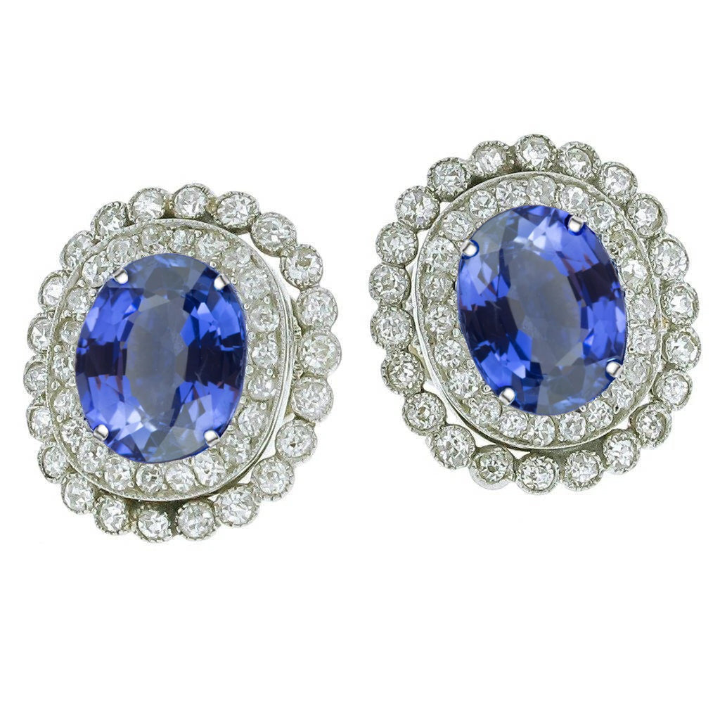 Ceylon Lady’s Brilliant Engagement   Sapphire Round Oval Diamond Halo Stud Earrings 