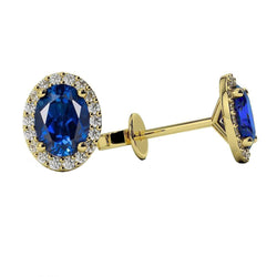 Ceylon Sapphire Halo Natural Earth Mined Diamond Stud Earring 4.80 Carat Yellow Gold 14K