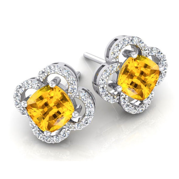 Clover Leaf Style Diamond Yellow Sapphire Earrings 7.75 Carats