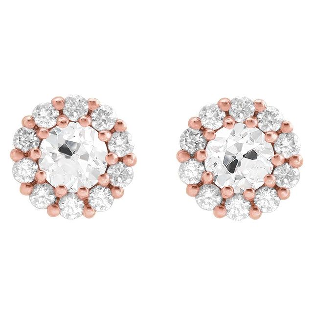 Cluster Diamond Stud Earrings Rose Gold 7.50 Carats Round Old Mine Cut