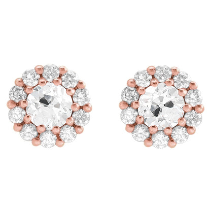 Cluster Diamond Stud Earrings Rose Gold 7.50 Carats Round Old Mine Cut
