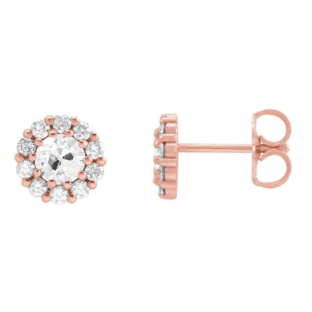 Cluster Diamond Stud Earrings Rose Gold 7.50 Carats Round Old Mine Cut