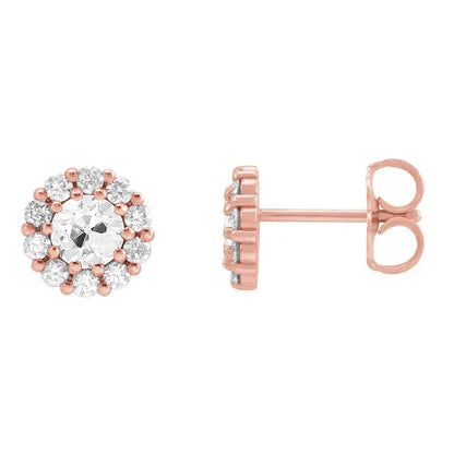 Cluster Diamond Stud Earrings Rose Gold 7.50 Carats Round Old Mine Cut