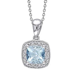 Cushion Aquamarine And Round Natural Earth Mined Diamonds 9.5 Carats Pendant Gold 14K
