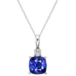 Cushion Blue Sapphire & Round Natural Earth Mined Diamond Pendant With Chain 2.75 Carats