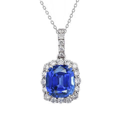 Cushion Blue Sapphire & Round Natural Earth Mined Diamond Pendant With Chain 4.25 Carats