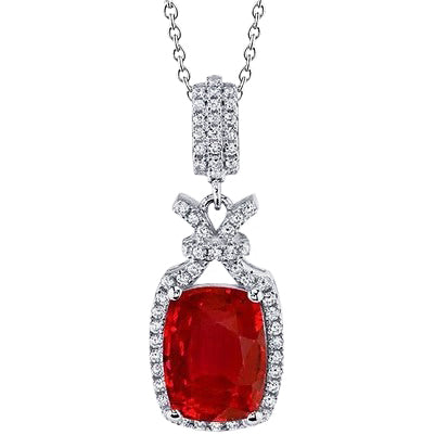Cushion Cut Ruby With Natural Earth Mined Diamond Pendant Necklace 13.20 Ct. WG 14K