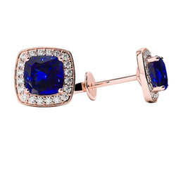 Cushion Cut Tanzanite With Natural Earth Mined Diamonds 4.40 Carats Studs Earrings 14K