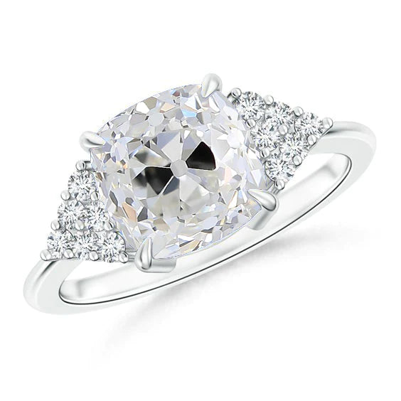 Cushion Diamond Eagle Claws Ring Old European White Gold Prong Setting