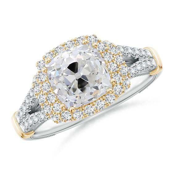 Cushion Diamond Halo Old Miner Ring Yellow & White Gold