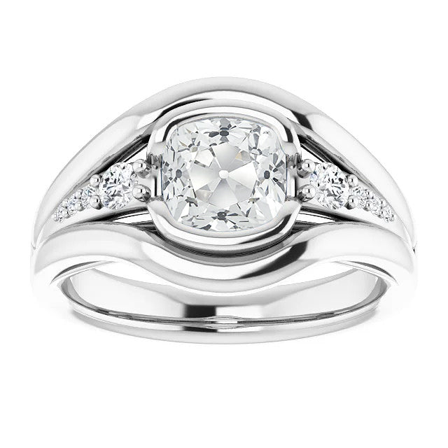 Cushion Old Cut Diamond Ring Half Bezel