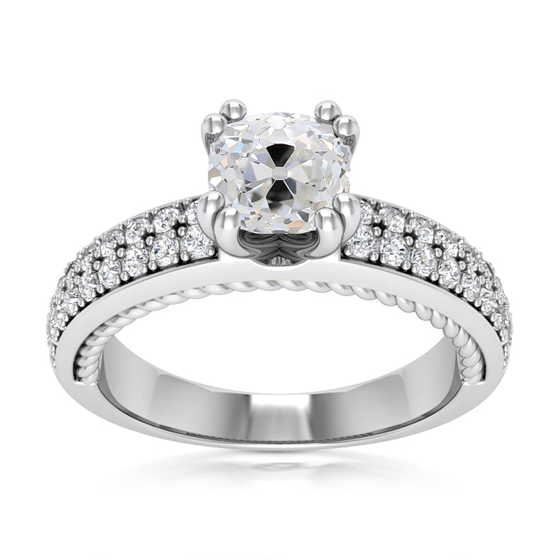 White gold Cushion Old Miner Diamond Ring Double Prong Set