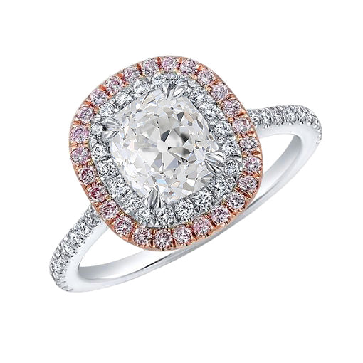 Cushion Old Miner Diamond Double Halo Pink Sapphire Ring 