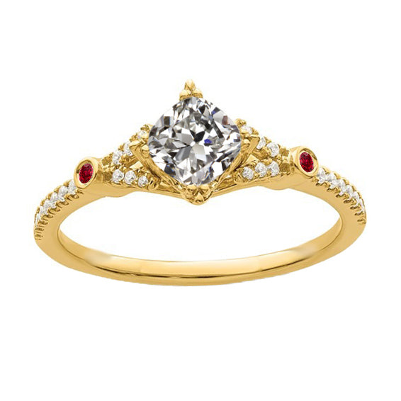 Cushion Old Miner Diamond & Round Ruby Ring 3 Carats 14K Gold