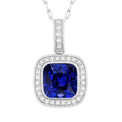 Cushion Sapphire Milligrain Halo Pendant Natural Earth Mined Diamond Bezel Set 5.25 Carats