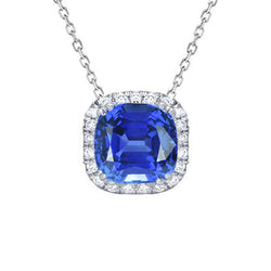 Cushion Sapphire & Round Natural Earth Mined Diamond Halo Pendant Necklace 4.25 Carats