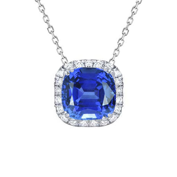 Cushion Sapphire & Round Diamond Halo Pendant Necklace