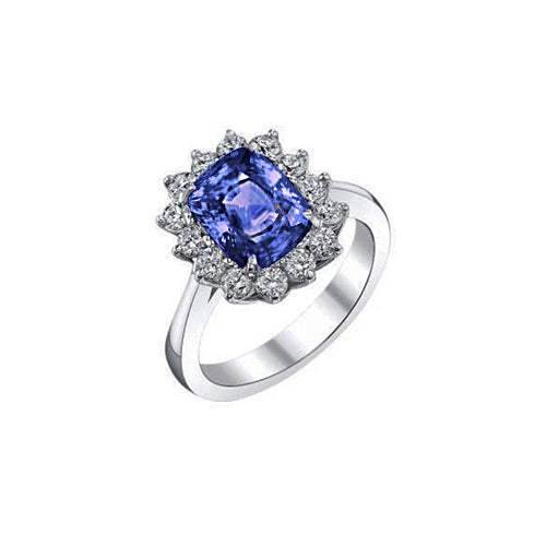 High Quality Fancy Cushion Tanzanite  Diamonds Halo Ring White Gold