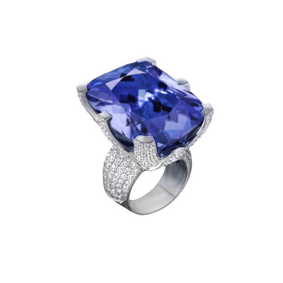 High Quality Fancy Cushion Tanzanite & Round Diamonds Gold  Ring New  
