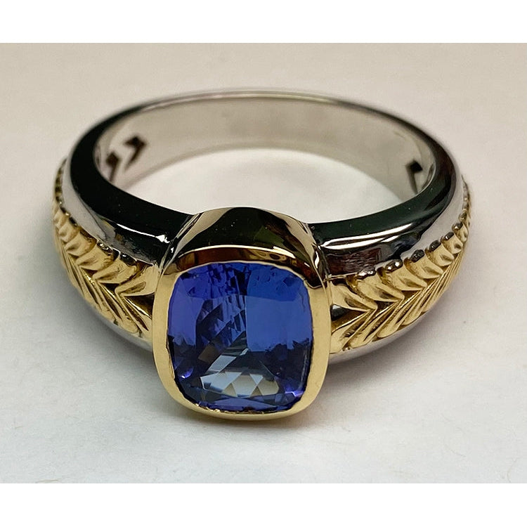 Two Tone Solitaire Tanzanite Ring Cushion Bezel Set 5.50 Carats