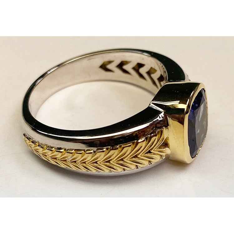 Two Tone Solitaire Tanzanite Ring Cushion Bezel Set 5.50 Carats