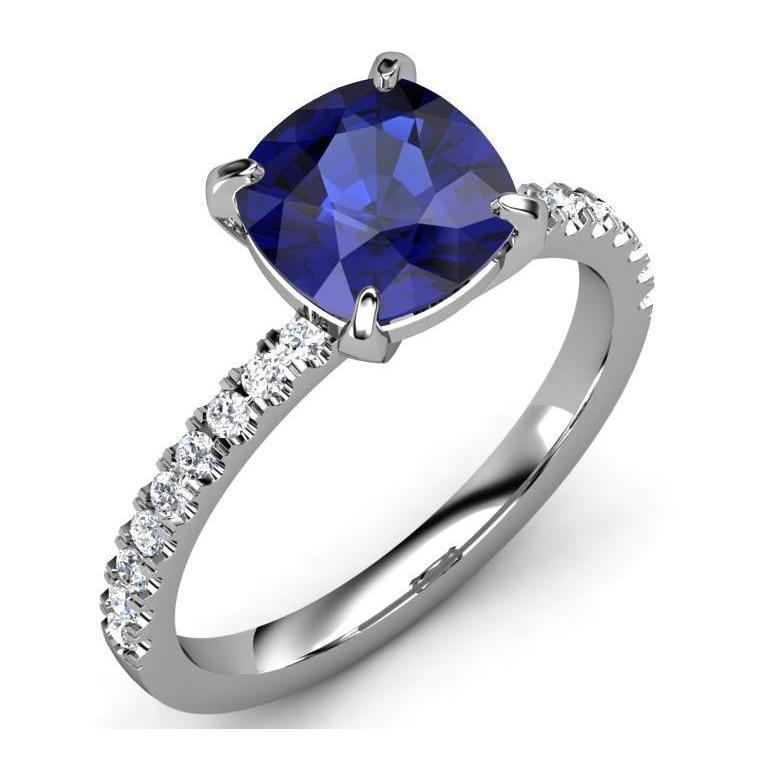 Cushion Kashmir Sapphire And Natural Earth Mined Diamonds 2.90 Ct Ring White Gold 14K