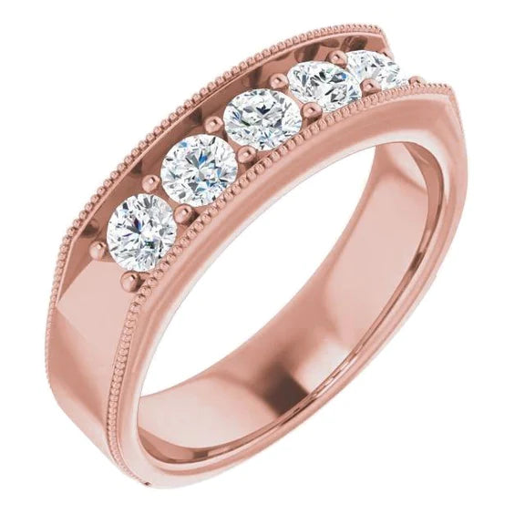 Diamond Comfort Fit Wedding Band 1 Ct Five Stone Milgrain Rose Gold Jewelry