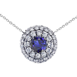 Diamond Double Halo Pendant Round Blue Sapphire Necklace 4.25 Carats
