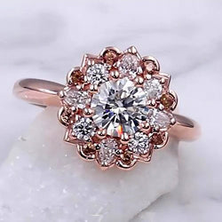 Natural  Diamond Engagement Ring 2 Carats Halo Lotus Flower Rose Gold