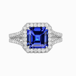 Diamond Engagement Ring Halo Asscher Sapphire Gold Split Shank 4 Carat