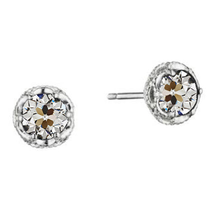 Diamond Gold Studs Round Old Mine Cut  2 Carats 14K White Gold 