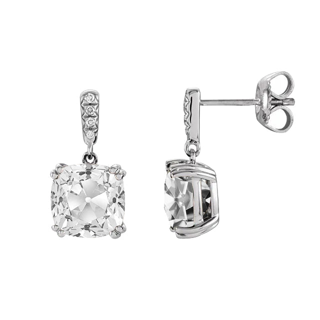 Diamond Halo Drop Earrings Old Miner Cut White Gold